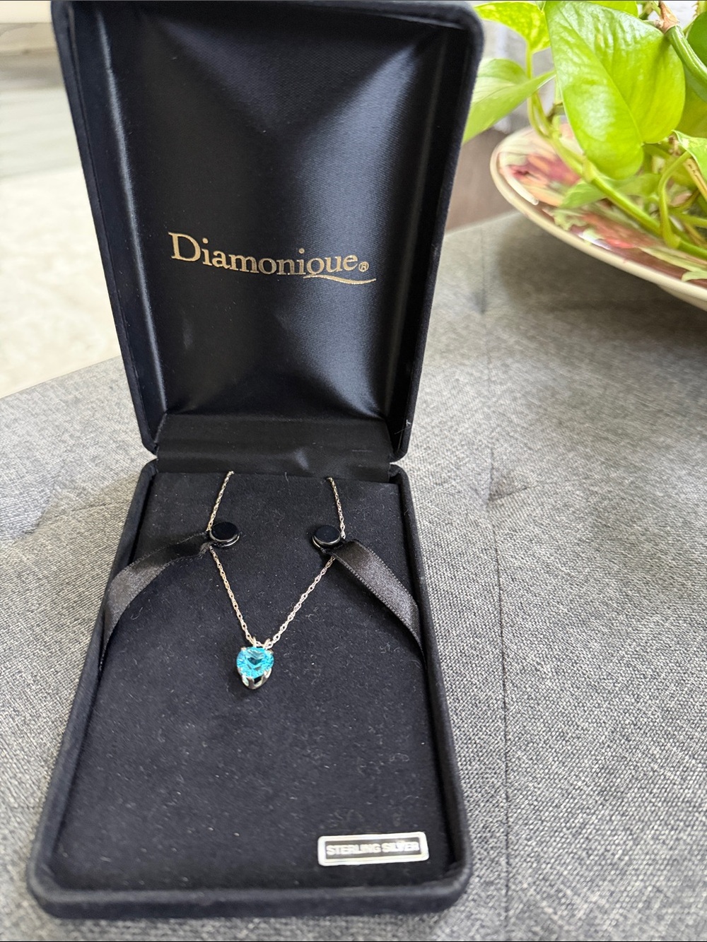 Diamonique Sterling Silver Teal Heart Pendant Necklace
